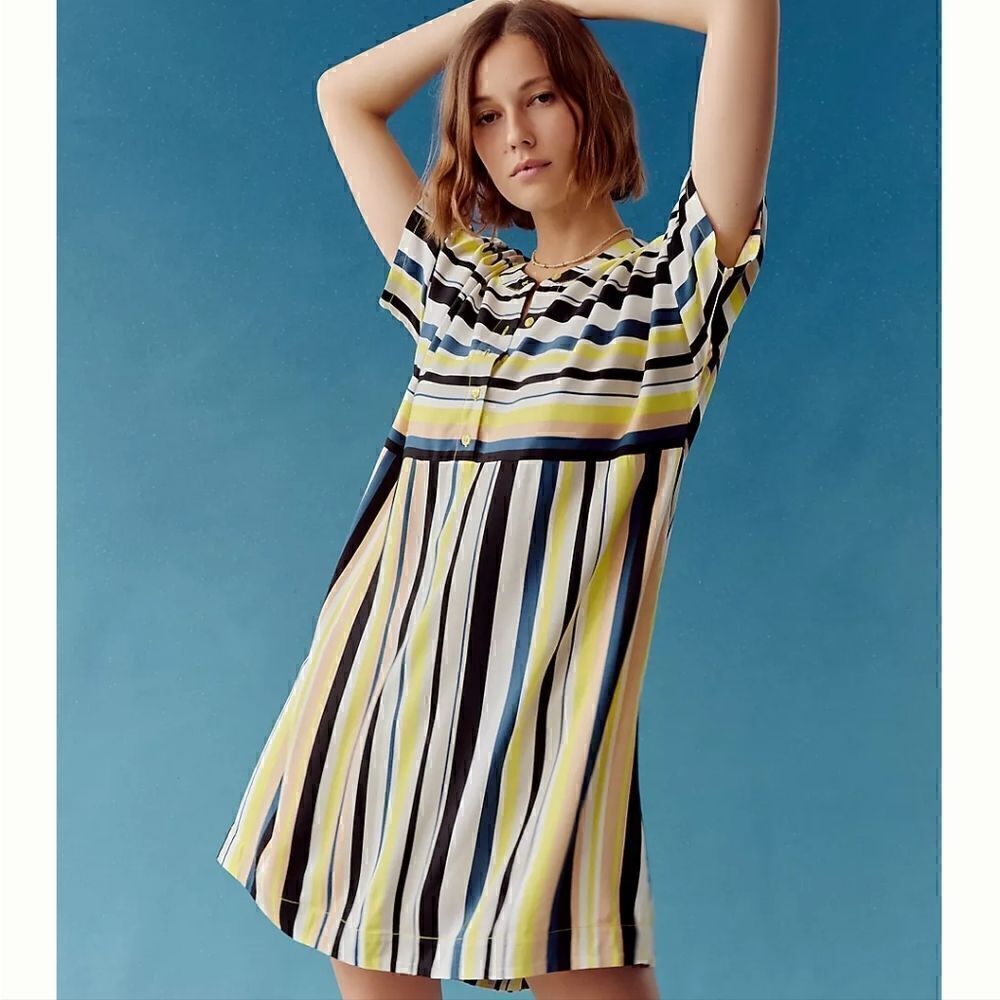 Peter Som for Anthropologie Naxos Striped Yellow ShortSleeve Tunic Dress XL
